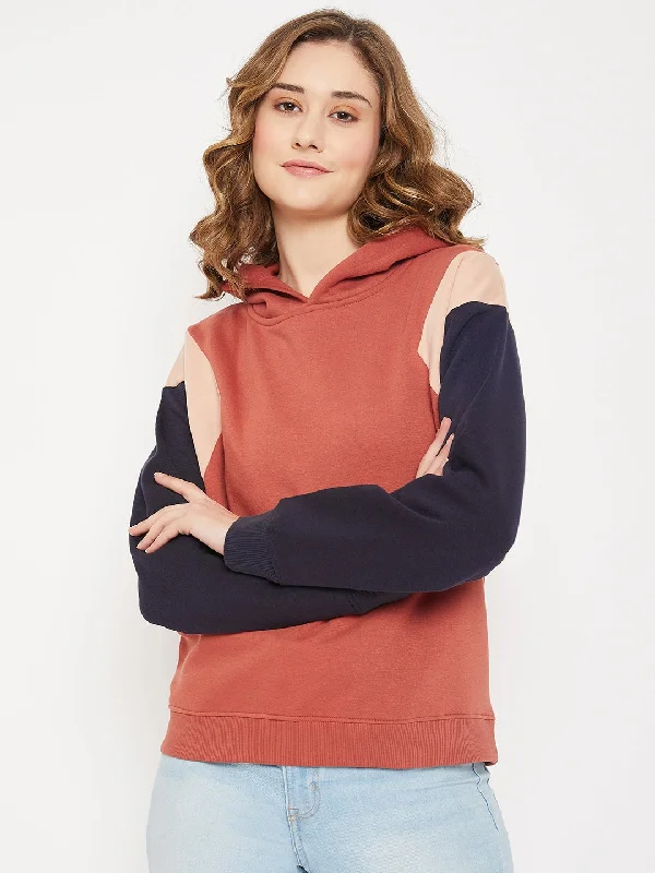 Women's Casual Rust Regular Full Sleeve Color block Pullover Hoodie Sweatshirt Hoodie with Thumb Holes Functional Cozy Women's Casual Rust Regular Full Sleeve Color block Pullover Hoodie Sweatshirt Hoodie with Thumb Holes Functional Cozy
