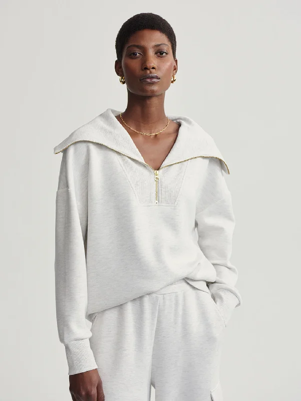 Catherine Half Zip Sweatshirt - Ivory Marl Hoodie with Side Slits Relaxed Casual