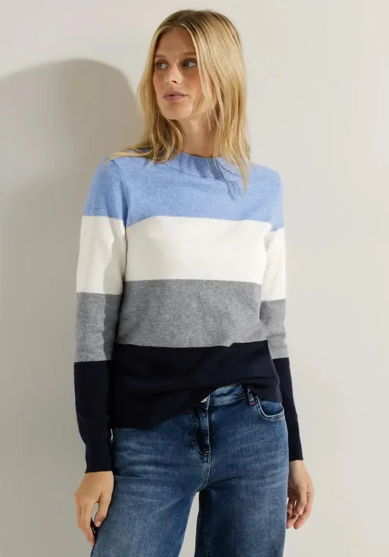 Cecil Colour Block Stripe Knitted Sweater, Real Blue Ribbed Striped Patterned
