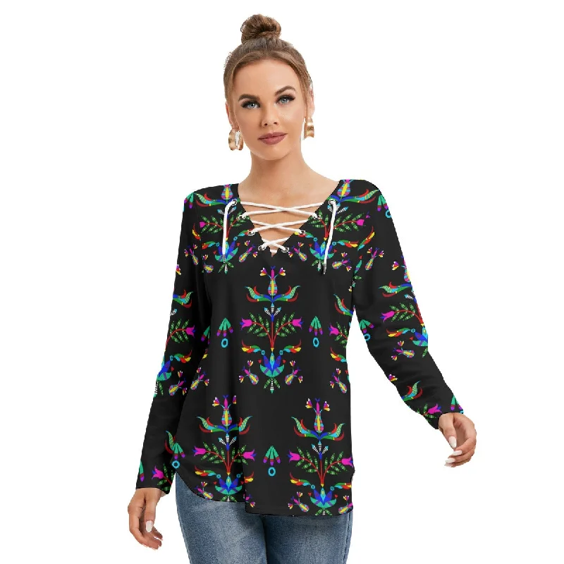 Dakota Damask Black Women's Long Sleeve Neckline Tie Sweatshirt Hoodie with Ribbed Neckline Snug Warm Dakota Damask Black Women's Long Sleeve Neckline Tie Sweatshirt Hoodie with Ribbed Neckline Snug Warm