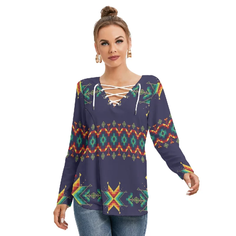 Dreams Of Ancestors Indigo Shade Women's Long Sleeve Neckline Tie Sweatshirt Hoodie with Rhinestones Sparkly Elegant Dreams Of Ancestors Indigo Shade Women's Long Sleeve Neckline Tie Sweatshirt Hoodie with Rhinestones Sparkly Elegant