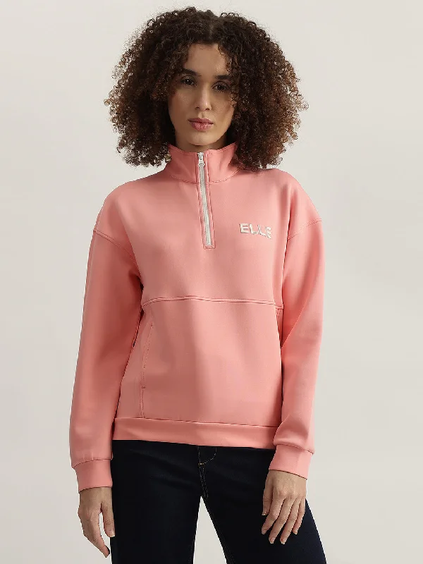 Elle Women Pink Solid High Neck Full Sleeves Sweatshirt Hoodie with Raw Hem Edgy Unfinished Elle Women Pink Solid High Neck Full Sleeves Sweatshirt Hoodie with Raw Hem Edgy Unfinished