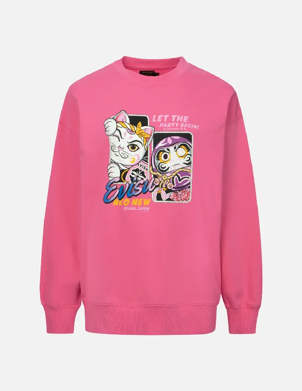 Fortune Cat and Daruma Print Oversized Sweatshirt Hoodie with Rolled Sleeves Casual Relaxed Fortune Cat and Daruma Print Oversized Sweatshirt Hoodie with Rolled Sleeves Casual Relaxed