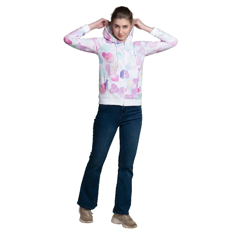 Hearts Printed Pink Zip-through Hoodie For Women Hoodie with High Neck Warm Protective Hearts Printed Pink Zip-through Hoodie For Women Hoodie with High Neck Warm Protective