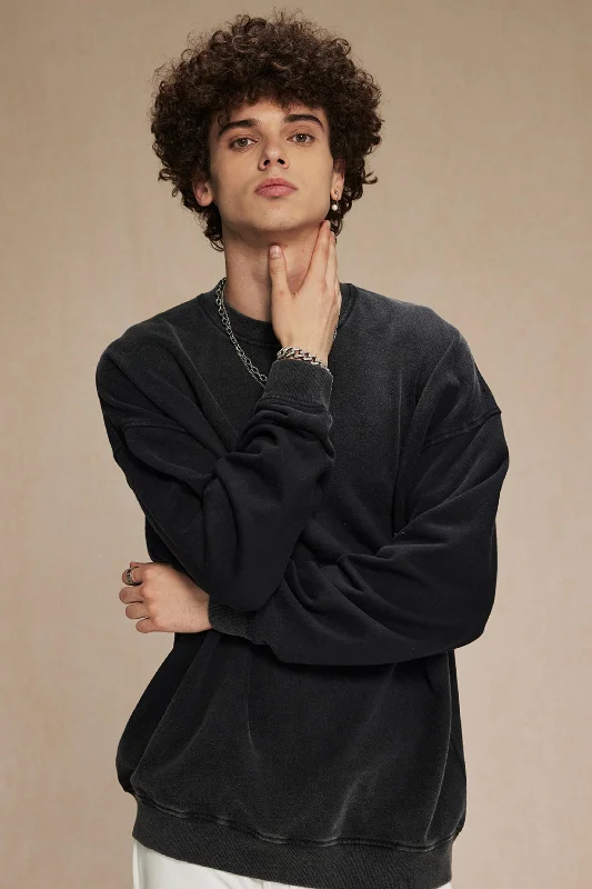 Heavy Washed Crewneck Sweatshirt Hoodie with Button Placket Classic Preppy