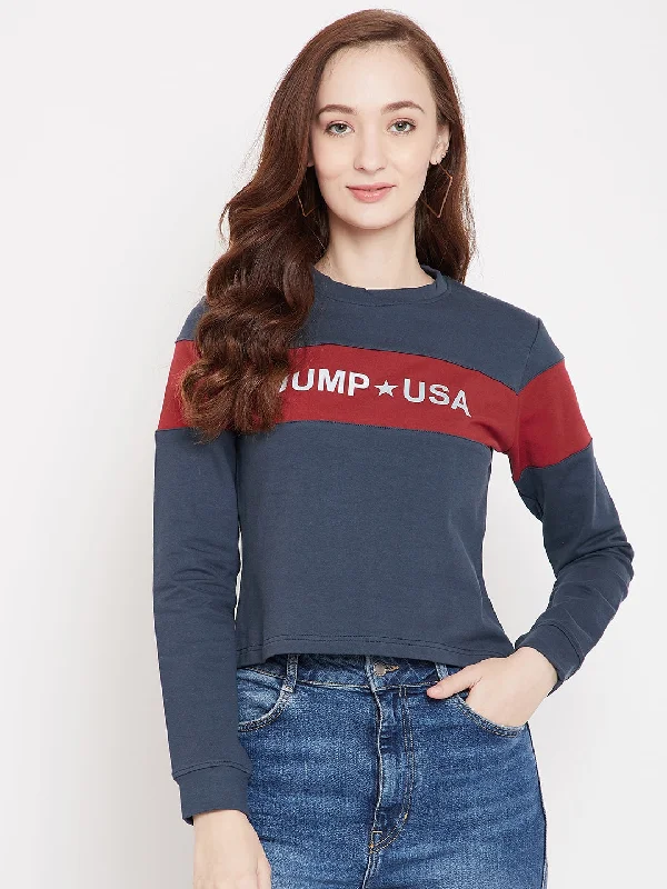 JUMP USA Women Navy Blue Sweatshirt Hoodie with Raw Hem Edgy Unfinished