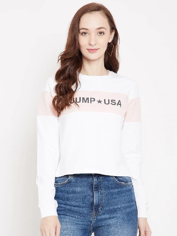 JUMP USA Women White Round Neck Sweatshirt Hoodie with Cropped Fit Short Trendy