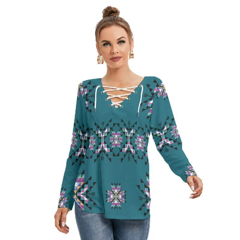 Medicine Lodge Dark Winter Women's Long Sleeve Neckline Tie Sweatshirt Hoodie with Side Slits Relaxed Casual Medicine Lodge Dark Winter Women's Long Sleeve Neckline Tie Sweatshirt Hoodie with Side Slits Relaxed Casual