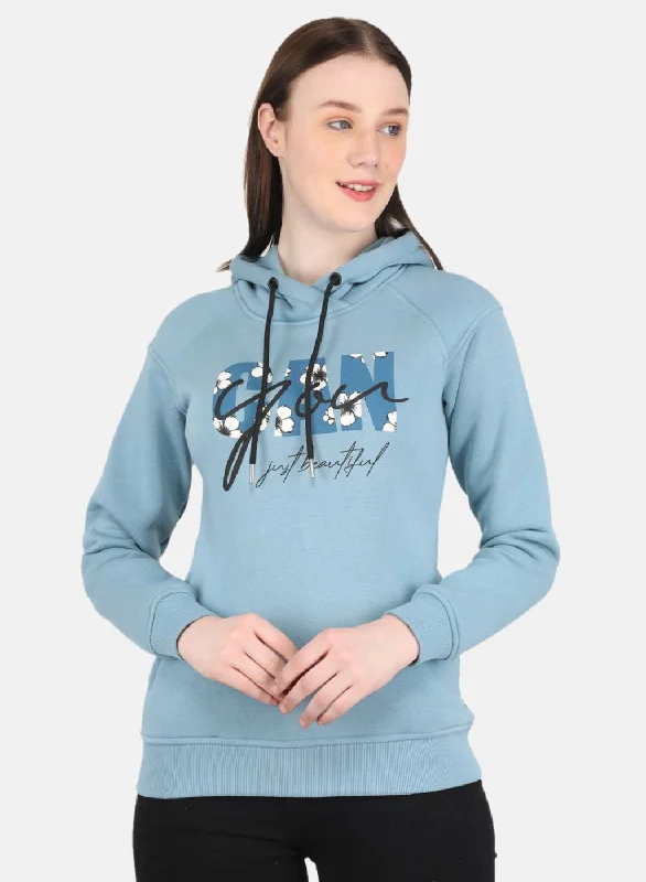 Women Blue Printed Sweatshirt Hoodie with Camouflage Military Edgy