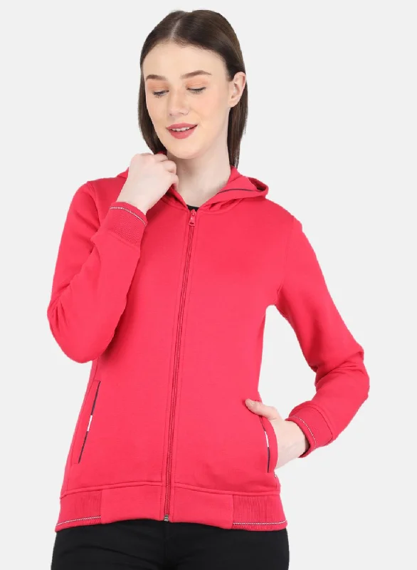 Women Pink Solid Sweatshirt Hoodie with Fur Luxurious Winter