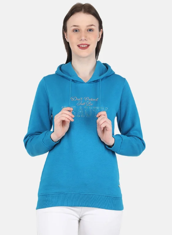 Women Blue Embroidered Sweatshirt Hoodie with Embroidery Detailed Premium