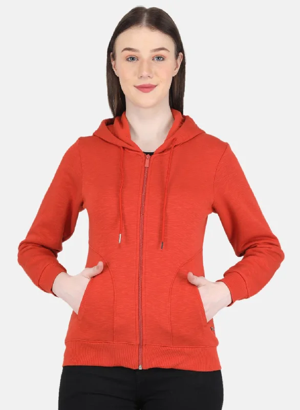 Women Orange Solid Sweatshirt Hoodie with Pattern Geometric Abstract