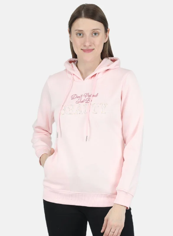 Women Pink Embroidered Sweatshirt Hoodie with Mock Neck Collared Structured