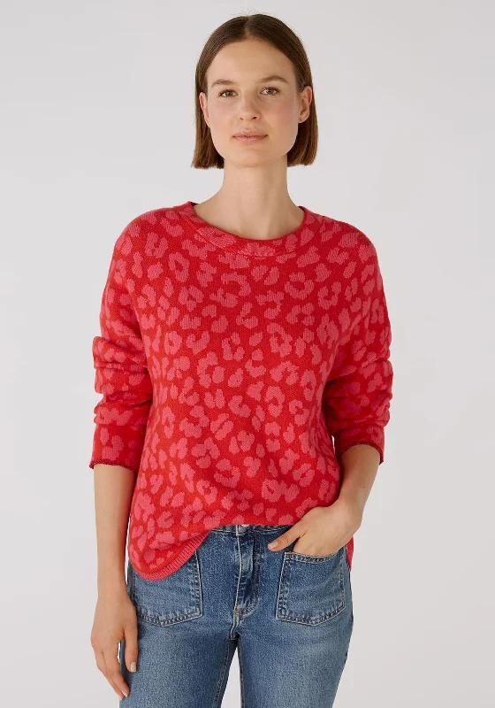 Oui Cosy Jacquard Sweater, Pink Red Houndstooth Herringbone Solid