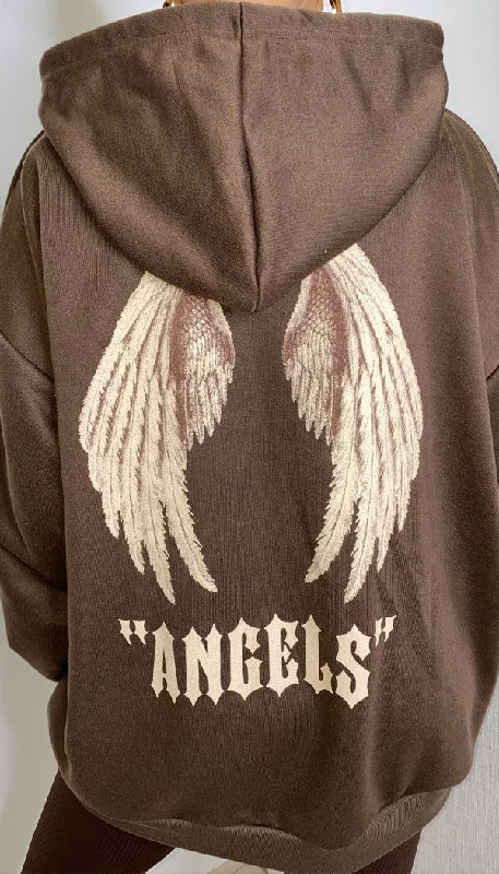 Slogan Oversized 'ANGELS' Wing Hoodie Hoodie with Front Slit Layering Stylish