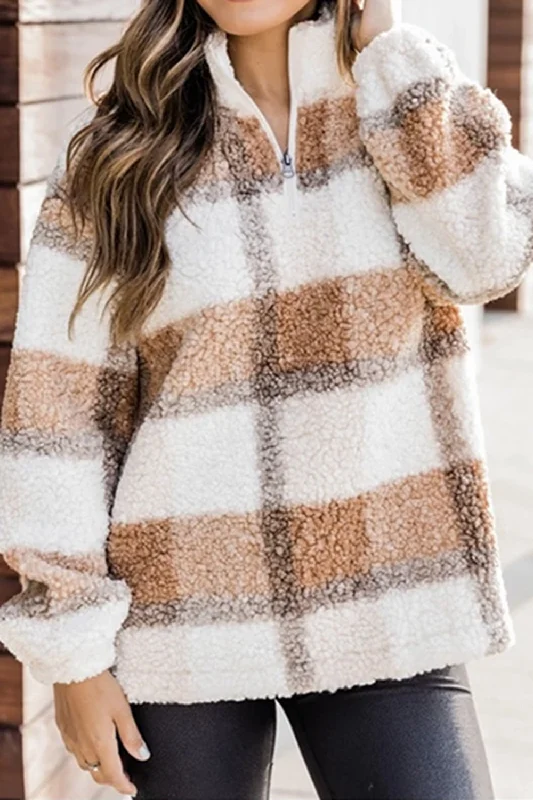 Plaid Quarter-Zip Teddy Sweatshirt Hoodie with Ribbed Neckline Snug Warm