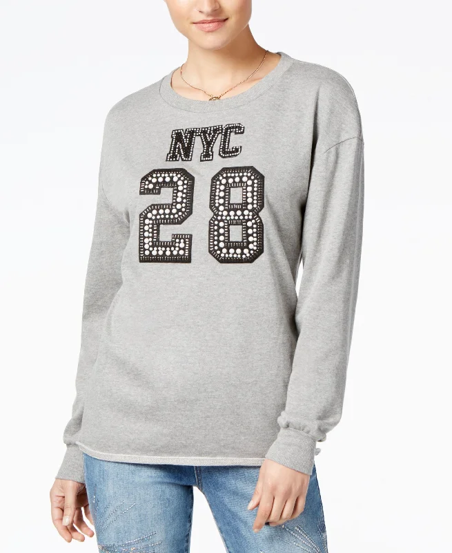 Juniors' NYC Embellished Graphic Sweatshirt Hoodie with Hem Applique Textured Unique Juniors' NYC Embellished Graphic Sweatshirt Hoodie with Hem Applique Textured Unique