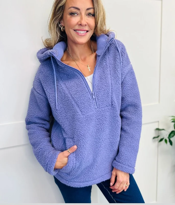 Purple Hooded Teddy Fleece Hoodie with Hem Elastic Stretchable Comfortable