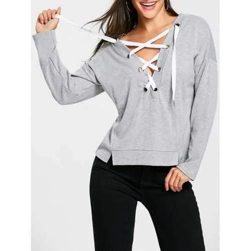 Plunging Neck Lace Up Sweatshirt - Gray M Hoodie with Velcro Closure Adjustable Secure Plunging Neck Lace Up Sweatshirt - Gray M Hoodie with Velcro Closure Adjustable Secure