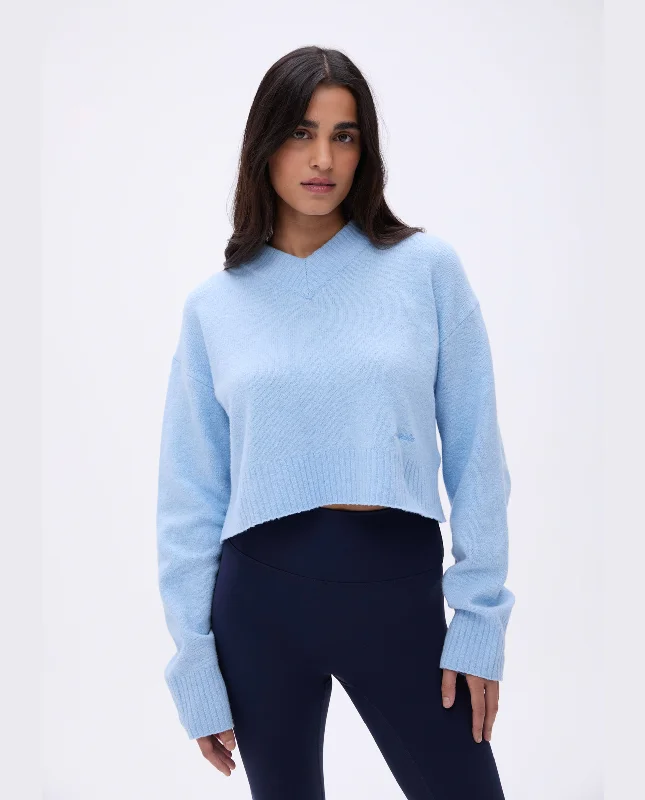 V Neck Knit Sweatshirt - Powder Blue Hoodie with Illustration Artistic Creative