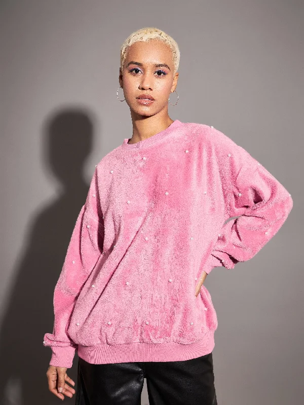 Women Pink Fur Pearl Sweatshirt Hoodie with Cuffed Sleeves Snug Secure