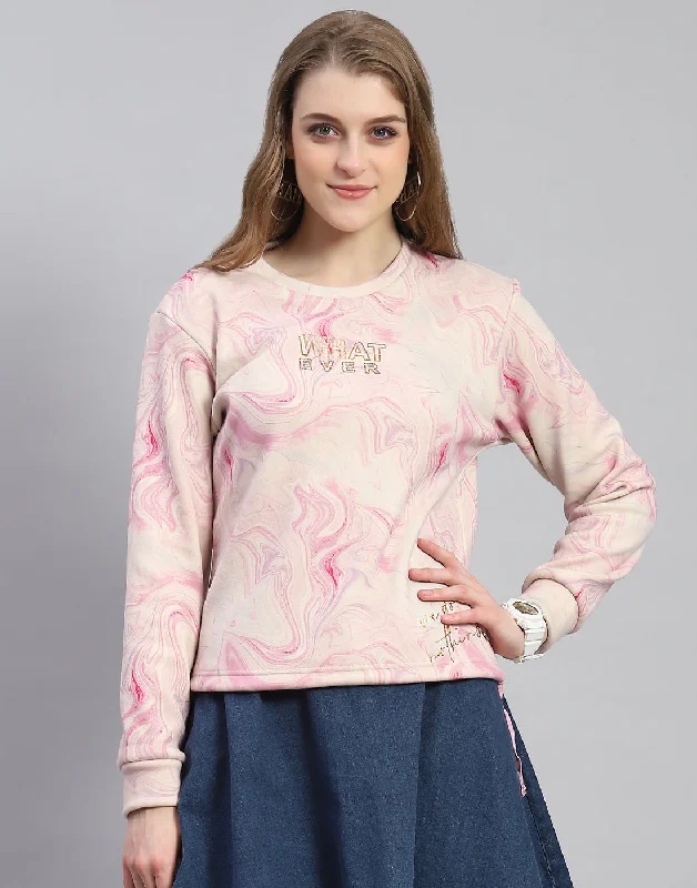 Women Pink Printed Round Neck Full Sleeve Sweatshirt Hoodie with Applique Textured Unique Women Pink Printed Round Neck Full Sleeve Sweatshirt Hoodie with Applique Textured Unique