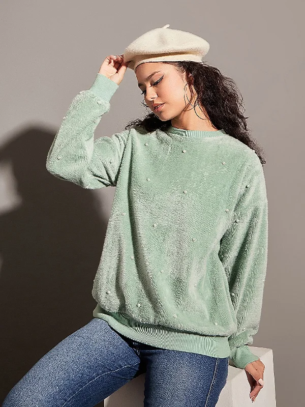Women Sea Green Fur Pearl Sweatshirt Hoodie with Puffed Sleeves Voluminous Trendy