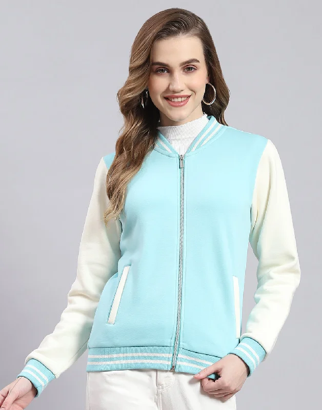 Women Turquoise Blue Solid Stand Collar Full Sleeve Sweatshirt Hoodie with Toggle Buttons Decorative Unique Women Turquoise Blue Solid Stand Collar Full Sleeve Sweatshirt Hoodie with Toggle Buttons Decorative Unique