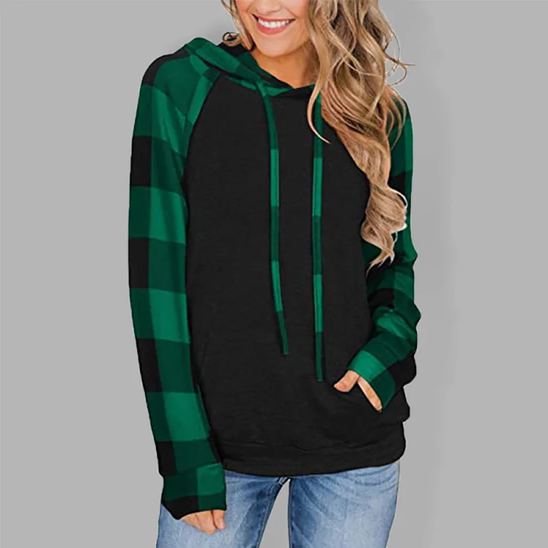 Women's Black Hoodie With Plaid Print Long Sleeves Hoodie with Oversized Fit Loose Comfortable Women's Black Hoodie With Plaid Print Long Sleeves Hoodie with Oversized Fit Loose Comfortable