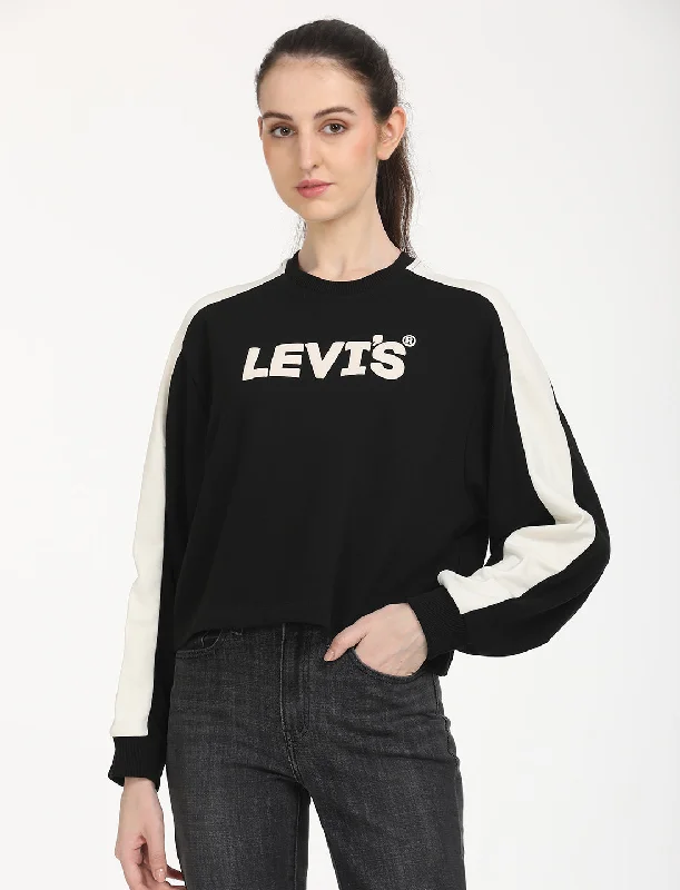 Women's Brand Logo Black Crew Neck Sweatshirt Hoodie with Set-In Sleeves Structured Classic Women's Brand Logo Black Crew Neck Sweatshirt Hoodie with Set-In Sleeves Structured Classic