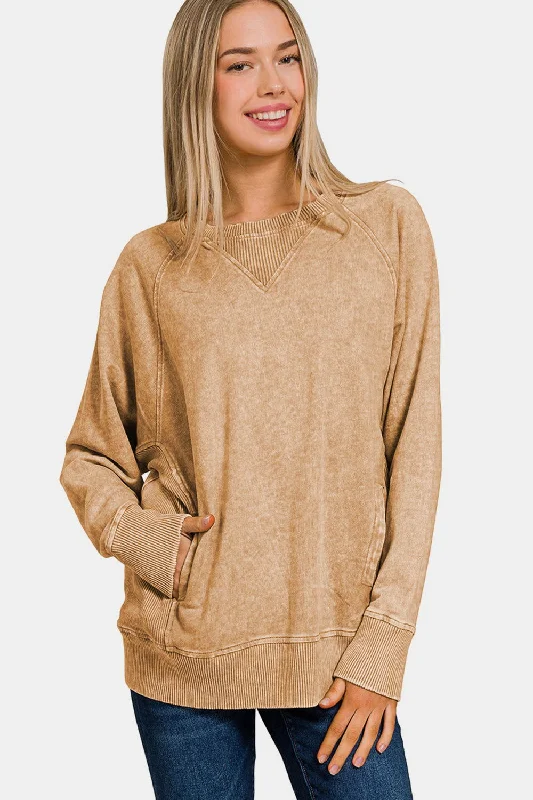 Zenana Pocketed Round Neck Sweatshirt Hooded Sweatshirt Casual Wear Street Style